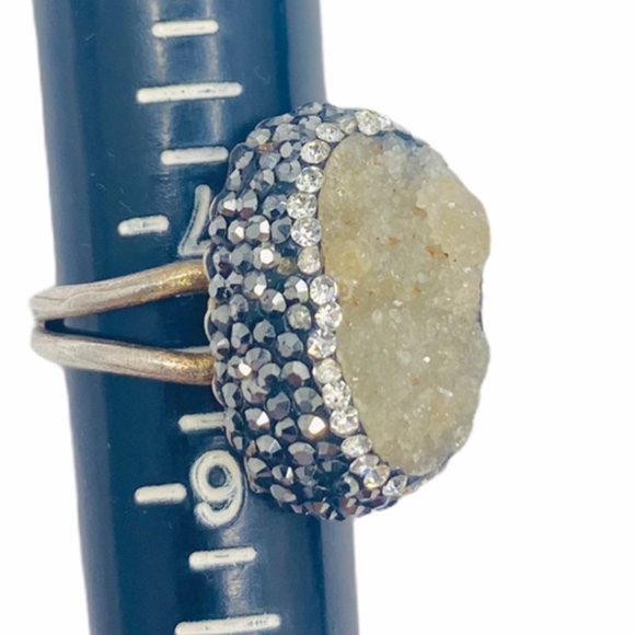 Natural Quartz Druzy Sparkling Cluster Ring 925 Silver Size 7.5 - Picture 2 of 11